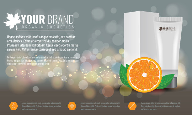 美丽的保湿面霜矢量插图与柑橘类水果，绿叶和水滴上。化妆广告的泡沫背景。图片下载