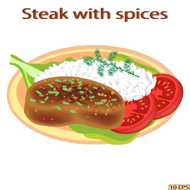 烤牛排和白米饭。炸肉片和配菜。肉，米饭，绿色蔬菜。向量。图片下载
