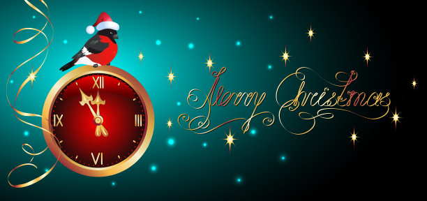 圣诞贺卡与钟声和红腹灰雀在圣诞帽图片下载