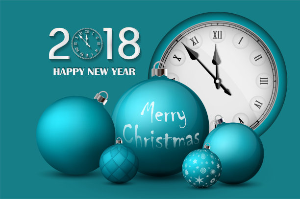 2018年圣诞节和新年概念。绿松石圣诞球银制支架和古董表。一组孤立的现实物体孤立。矢量插图图片下载