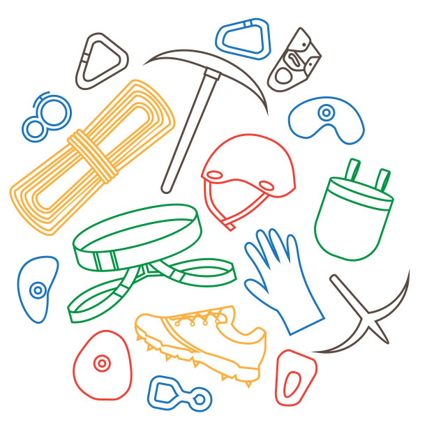 概述攀岩者的设计要素。配备配件和设备。徒步旅行者仪器孤立。设备。衣服，防护用品，绳子和铁环。图片下载