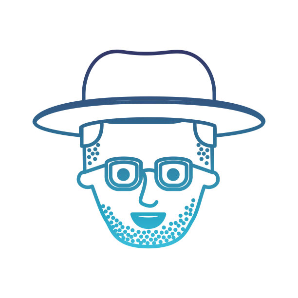 男性脸与帽子和眼镜，胡茬和侧分发型在退化的蓝色轮廓图片下载