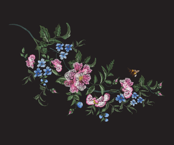 刺绣传统花卉图案与玫瑰枝，紫罗兰和蜜蜂。图片下载