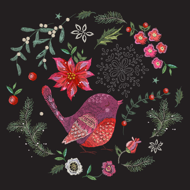刺绣圣诞图案与花，松树和鸟。图片下载