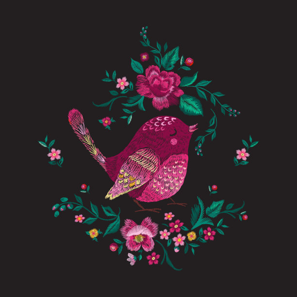 刺绣传统花卉图案与鸟和玫瑰。图片下载