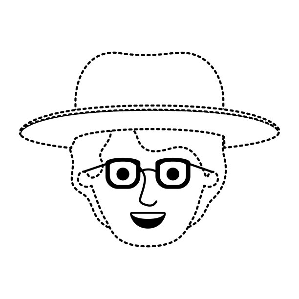 男性的脸，戴着帽子和眼镜和短波浪发在黑色点轮廓图片下载