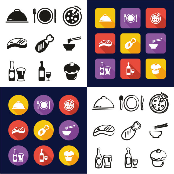 午餐全在一个图标黑白颜色平面设计徒手集图片下载