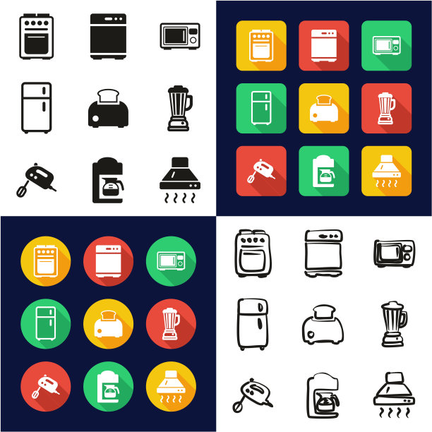 厨房电器都在一个图标黑白颜色平面设计徒手集图片下载