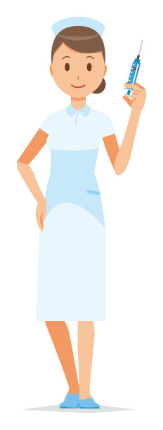 一个戴护士帽、穿白大褂的女护士拿着一个注射器素材图片