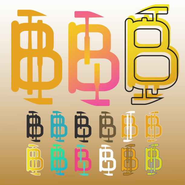 比特币与锤子，一组图标和标签向量图片下载