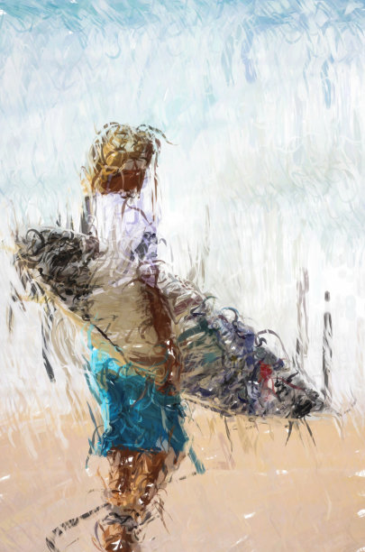 年轻冲浪者在海滩散步-数码插图图片下载