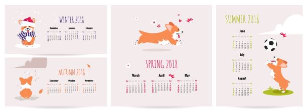 一套2018年月度日历海报与威尔士柯基彭布罗克在可爱的卡通风格。图片下载