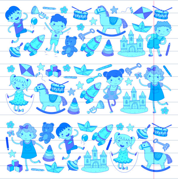 幼儿园幼儿园幼儿园教育与儿童涂鸦图案儿童玩耍和研究男孩和女孩孩子画图标空间，冒险，探索，想象概念图片下载