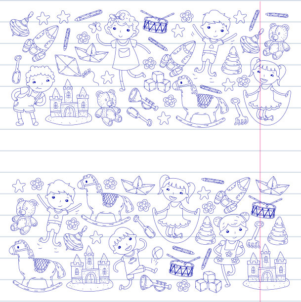 幼儿园幼儿园幼儿园教育与儿童涂鸦图案儿童玩耍和研究男孩和女孩孩子画图标空间，冒险，探索，想象概念图片下载