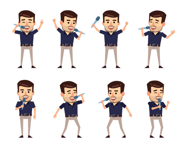 一套时尚的商人角色摆姿势与麦克风在各种情况下图片下载