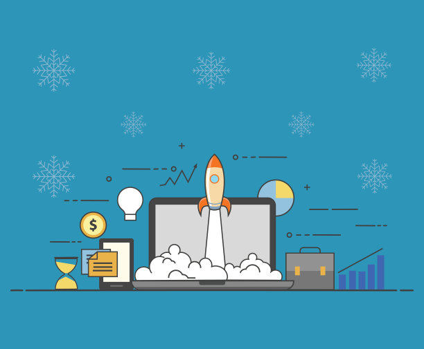 成功创业的商业理念。矢量插图与火箭发射和笔记本电脑在冬季背景。图片下载