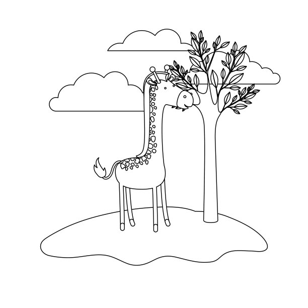 长颈鹿卡通在户外场景与树木和云在单色剪影图片下载