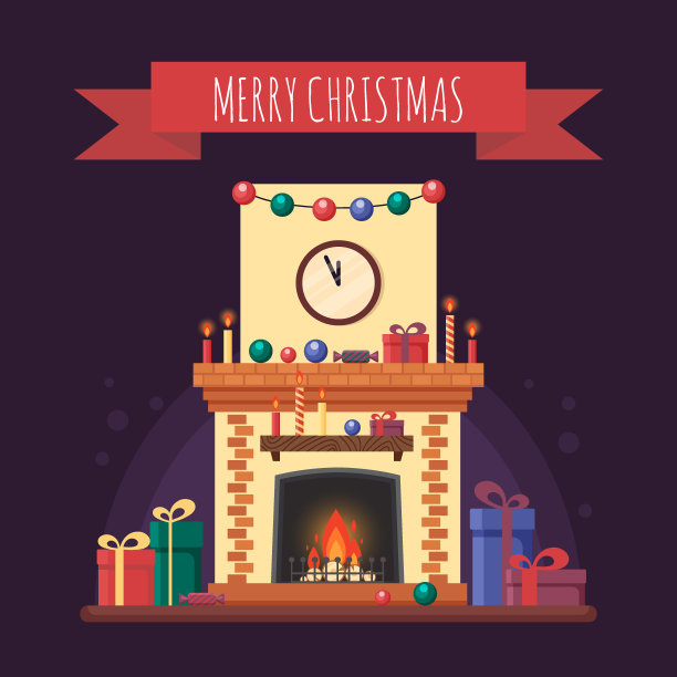 圣诞壁炉，礼物，时钟和蜡烛。色彩缤纷的节日室内贺卡在扁平的风格。圣诞家居装饰-股票矢量插图图片下载