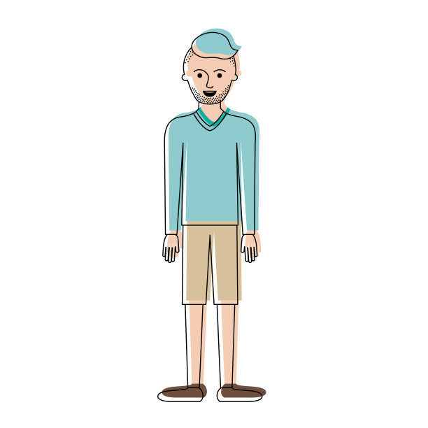 男人全身与t恤长袖和短裤和鞋子高褪色理发和胡茬胡子在水彩剪影图片下载