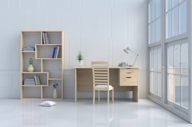 白色的阅览室装饰着花瓶中的树、枕头、木椅和书桌、窗户、天空、灯、书柜、花、书。白色的墙壁是图案，阳光透过窗户射入阴影。3 d渲染。图片下载