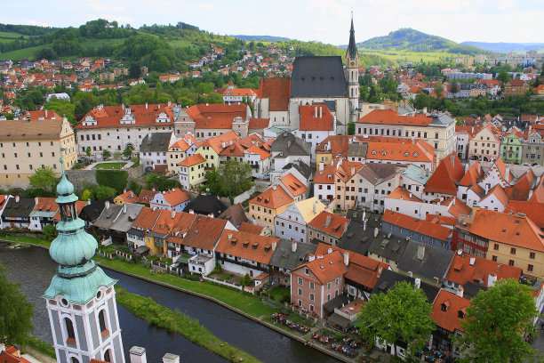 捷克共和国波西米亚中世纪哥特式和巴洛克式城市，切斯基克鲁姆洛夫城市全景和老城屋顶瓦片图片下载