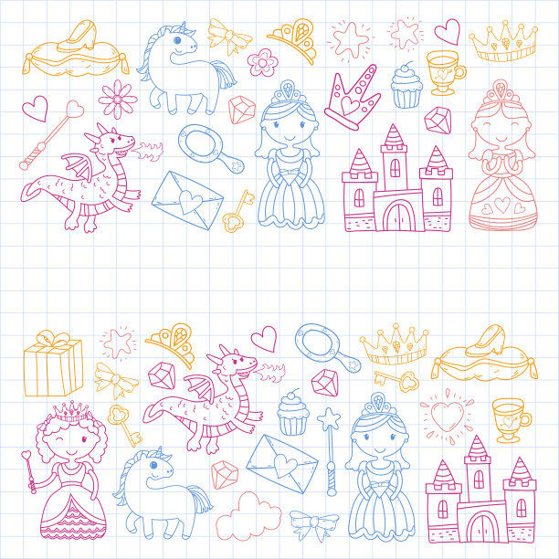 一套涂鸦公主和幻想图标和设计元素的邀请和贺卡。孩子们画的。幼儿园、学前班、学校模式图片下载