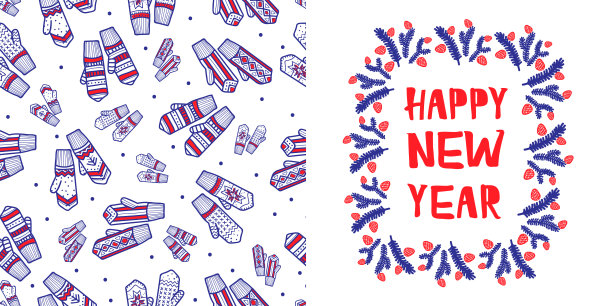 冬季节日图案，字母在云杉枝与球果的绉纹。温暖的手套图片下载