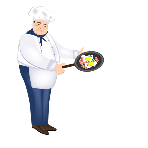 厨师快乐微笑。可爱的厨师带熟煎蛋，培根和蔬菜。穿着制服的微笑厨师。矢量菜单，介绍或广告的咖啡馆和餐馆。图片下载