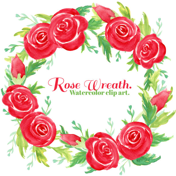 红色喜欢花环。水彩剪辑艺术是用红玫瑰和叶子装饰的花环。图片是物体，卡片和框架的说明。图片下载