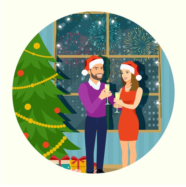一家人站在窗前和圣诞树旁，手里拿着香槟。矢量平面插图图片下载