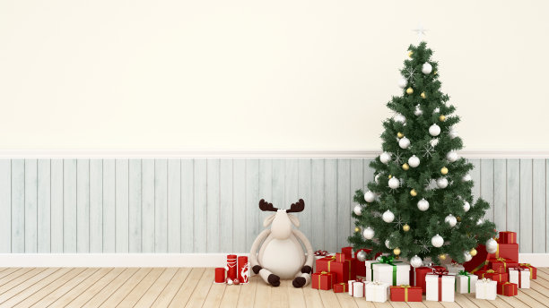 驯鹿娃娃与圣诞树和礼物盒在客厅-艺术品圣诞节或新年- 3D渲染图片下载