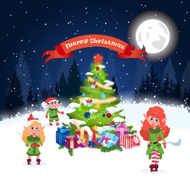 美丽的圣诞贺卡装饰松树和绿色精灵在冬季森林景观图片下载