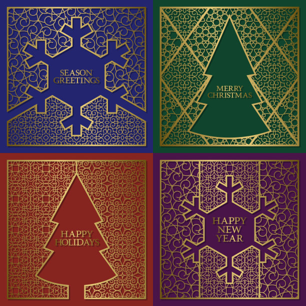 冬季贺卡封套。金色的背景与框架在圣诞树和新年雪花形状。图片下载