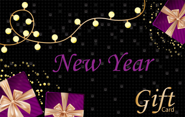 新年和圣诞快乐礼物卡天鹅绒礼盒，灯泡，黑色华丽的背景与金色的泡泡。图片下载