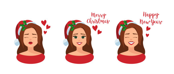 一套卡通女子祝福你节日快乐，新年快乐，圣诞快乐孤立在白色背景上图片下载
