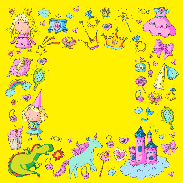 可爱的公主图标设置与独角兽，龙女孩墙纸宝宝送礼会邀请幼儿园，幼儿园，幼儿园，生日，学校派对图片下载