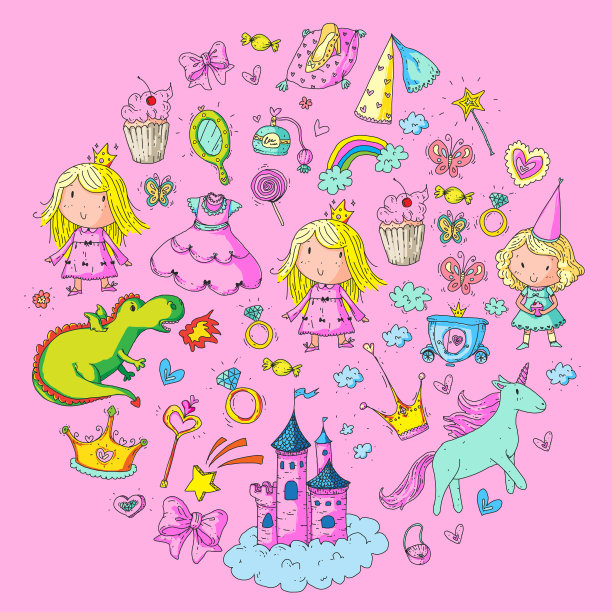 可爱的公主图标设置与独角兽，龙女孩墙纸宝宝送礼会邀请幼儿园，幼儿园，幼儿园，生日，学校派对图片下载