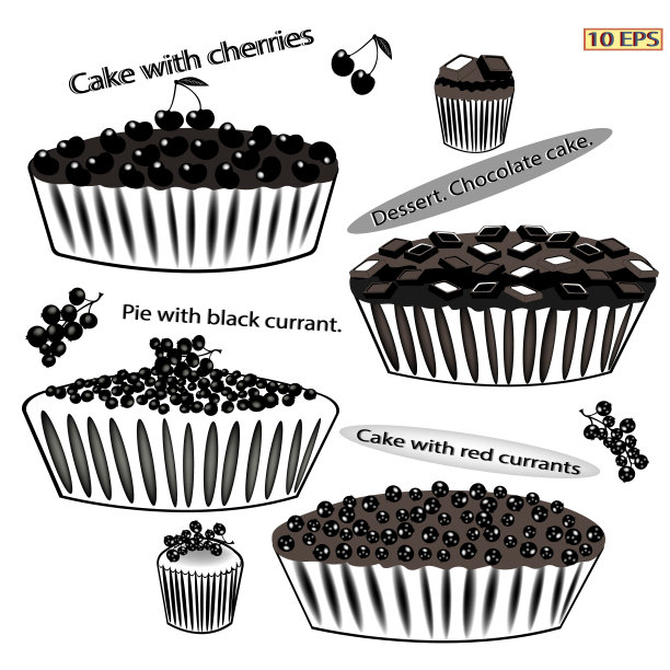 甜点。巧克力蛋糕配巧克力棒。与浆果馅饼。派和醋栗。樱桃派。矢量插图。图片下载