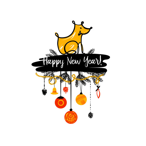 2018土狗年。坐在白色背景上的狗和圣诞树的树枝的素描图像。图片下载