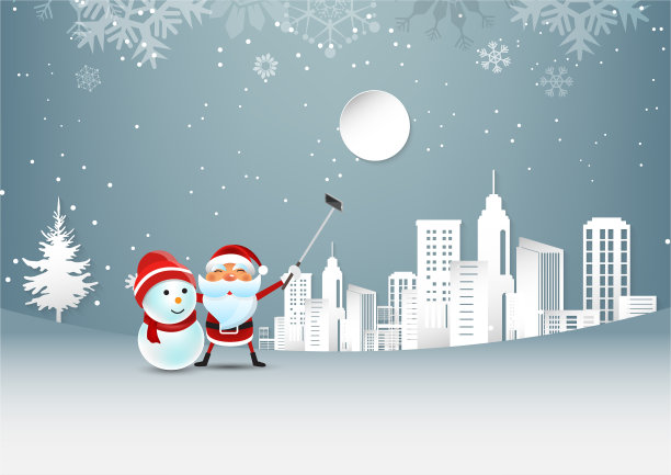 圣诞快乐，新年快乐，圣诞老人和雪人在天空中拍照来到城市，矢量插图，纸艺术和工艺风格。图片下载
