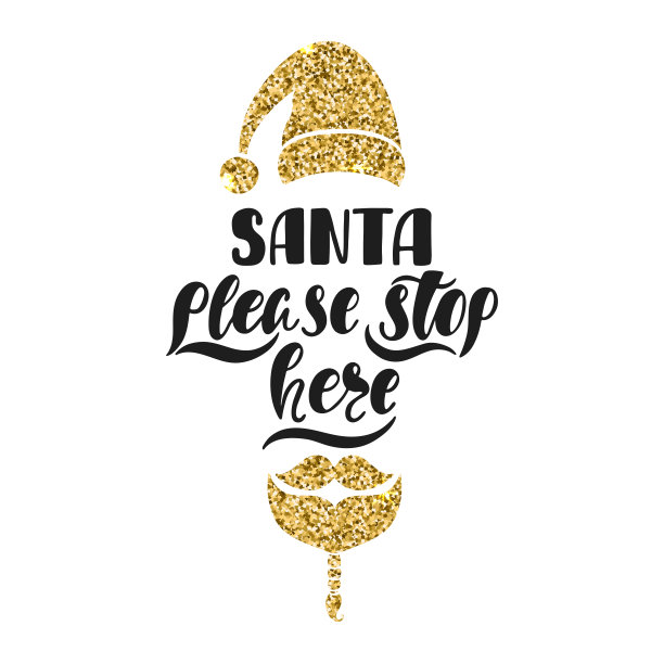 圣诞老人，请在这里停下来。手绘书法文字。圣诞老人的节日排版设计。黑色和金色的圣诞贺卡。图片下载