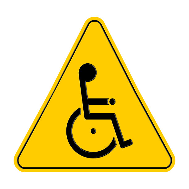 黄色三角形警告标志与残疾轮椅标志，孤立在白色背景，矢量插图图片下载