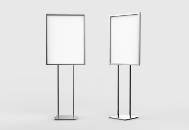 室内台座钢标志站海报横幅广告展示，大堂菜单板。空白白色3d渲染。图片下载