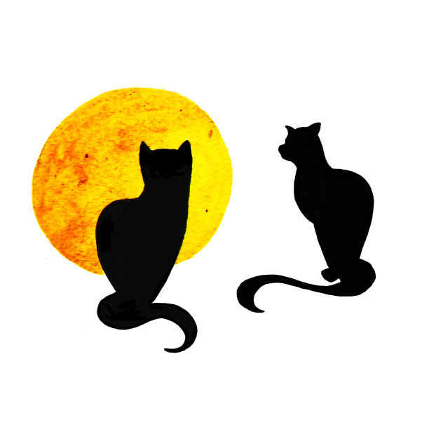 猫剪影和太阳，手绘水彩插图素材图片