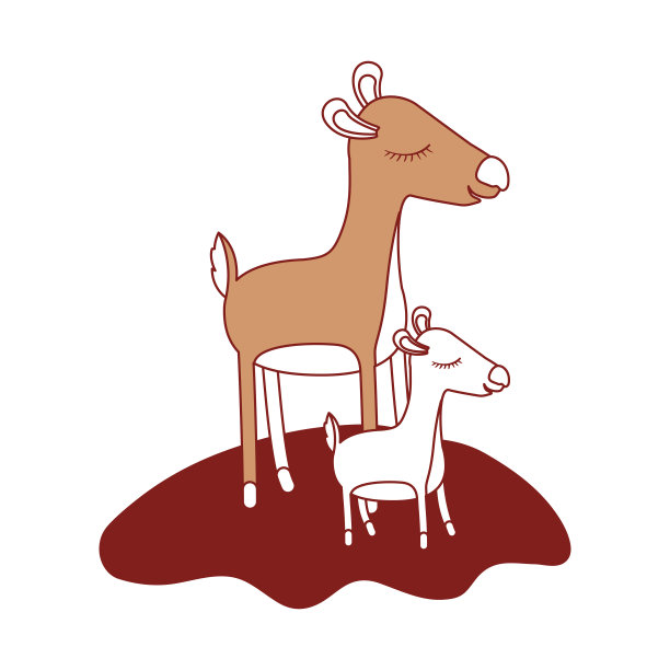 卡通鹿妈妈和小牛在草地上的彩色部分剪影图片下载