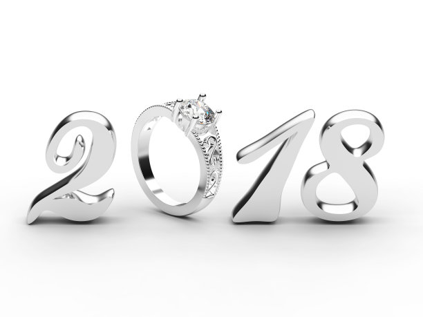 3D插图2018年银色数字与钻石戒指图片下载