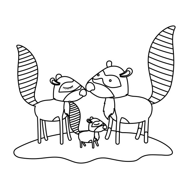 卡通浣熊夫妇和幼崽在草地上的单色剪影图片下载