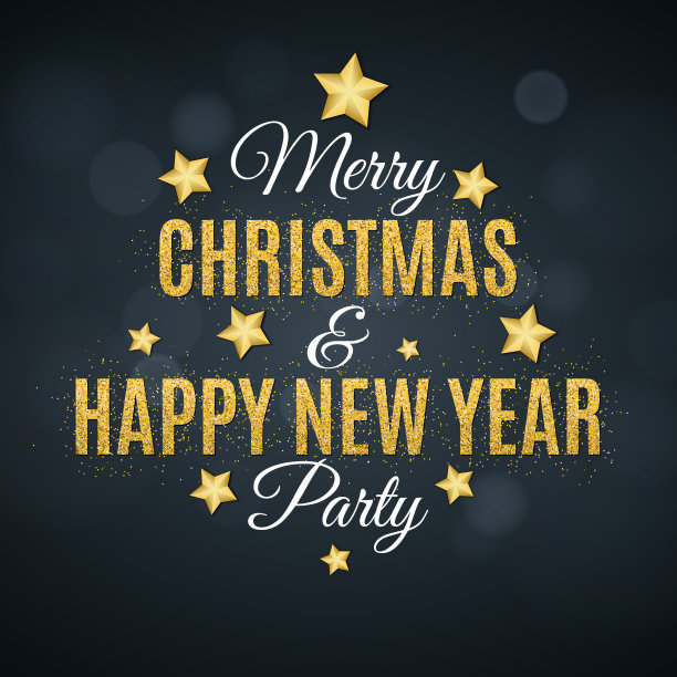圣诞和新年晚会的海报。邀请卡。这篇文章是用金子做的。眩光散景。黑暗的背景。金色星星。矢量图图片下载