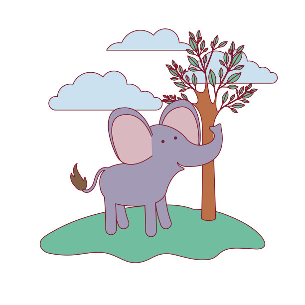 卡通中的大象在森林中，旁边的树木以五颜六色的剪影与细细的轮廓图片下载