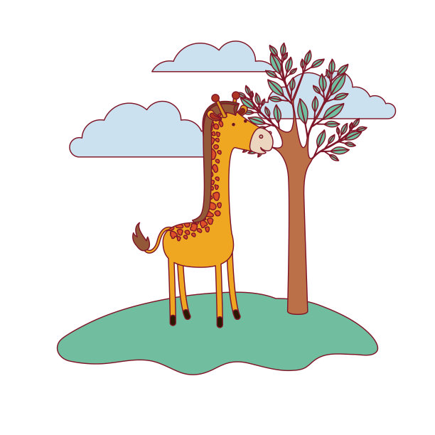 卡通长颈鹿在森林里的树木旁边，有着色彩斑斓的剪影和细细的轮廓图片下载